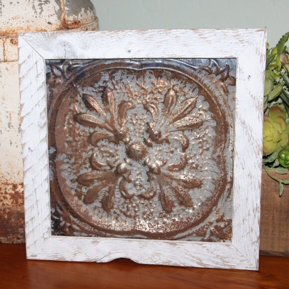 Ornate Vintage Rustic Metal Tile & Reclaimed Wood Medallion Wall Decor Plaque - Picture 5 of 6